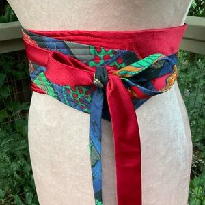 Blue red safari giraffe animals obi style upcycled wrap silk ties belt OS